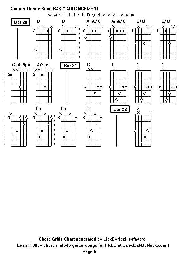 Chord Grids Chart of chord melody fingerstyle guitar song-Smurfs Theme Song-BASIC ARRANGEMENT,generated by LickByNeck software.